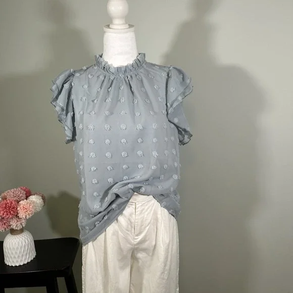 SHEIN Women's Swiss Dot Blouse Baby Blue Medium Ruffle Sleeve - Picture 6 of 8